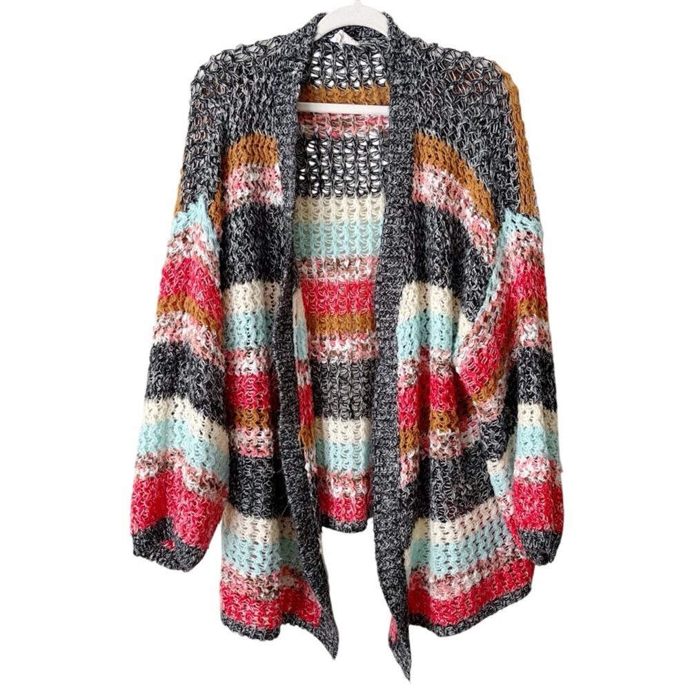 BiBi | Open Knit Cardigan Sweater Colorful Striped Oversized Relaxed Boho Large